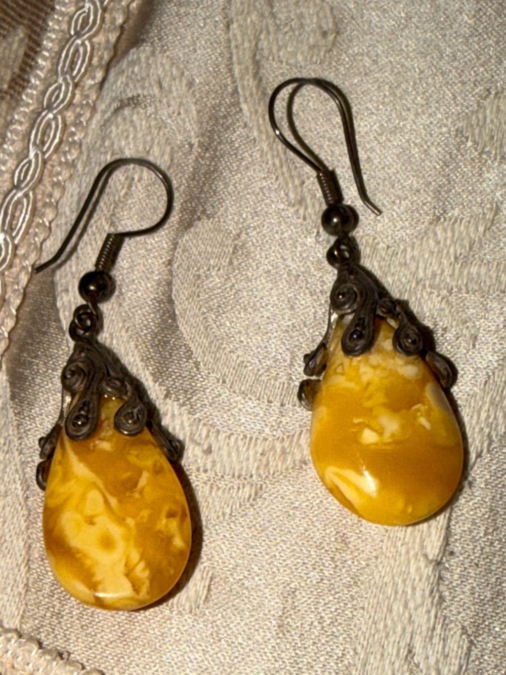 Yellow butterscotch amber Teardrop sterling silver embellishments pierced ears